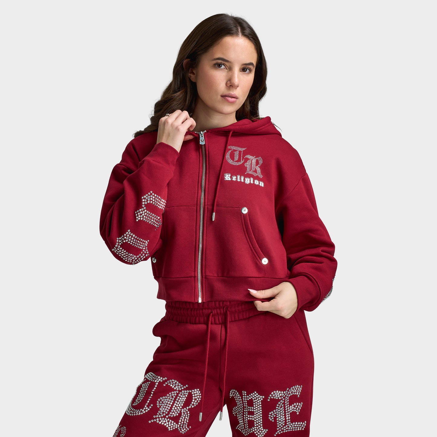 True Religion Women's Cropped Crystal Relaxed Fullzip Hoodie / Rhubarb