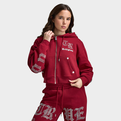 True Religion Women's Cropped Crystal Relaxed Fullzip Hoodie / Rhubarb