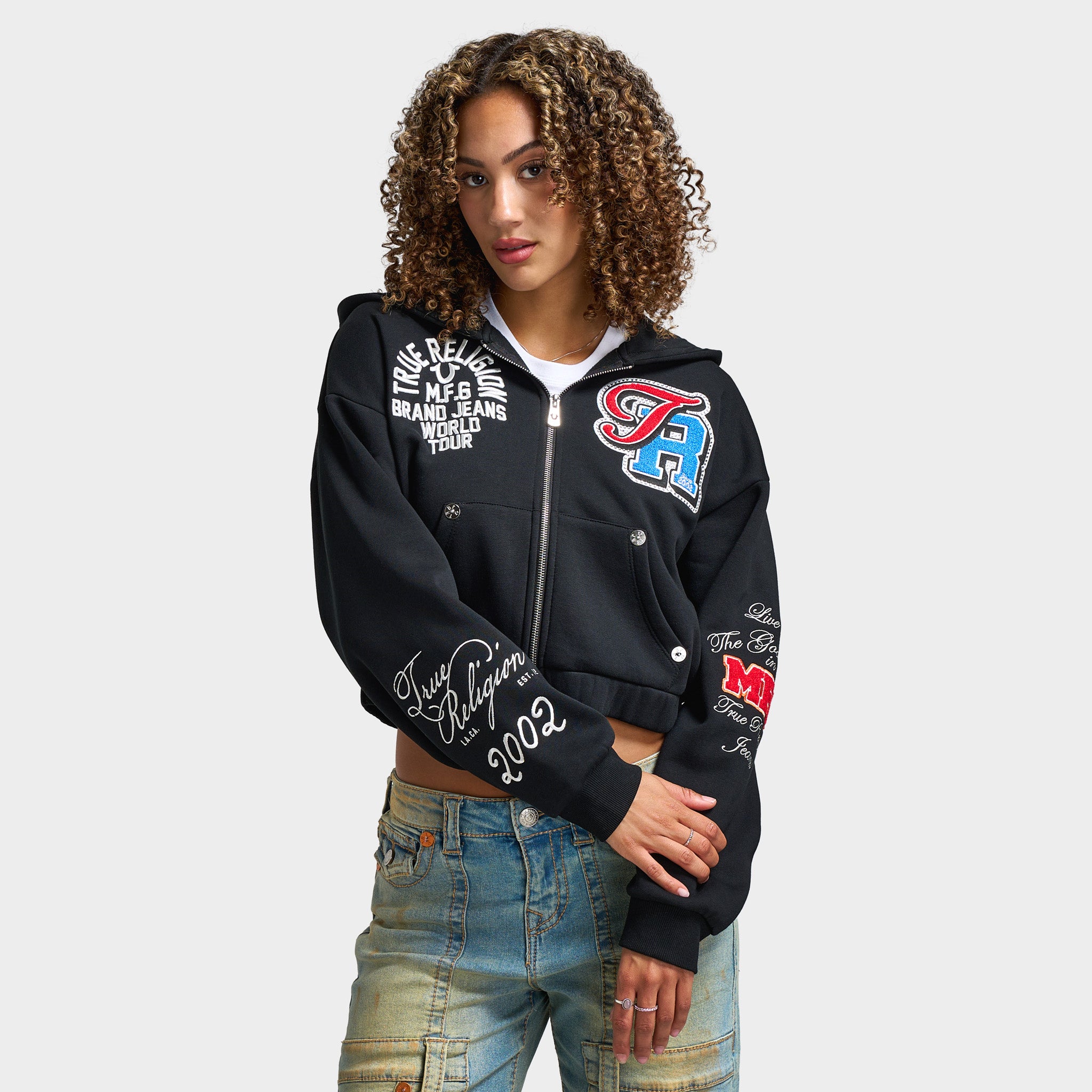 True Religion Women's Crystal Patched Zip Hoodie / Jet Black