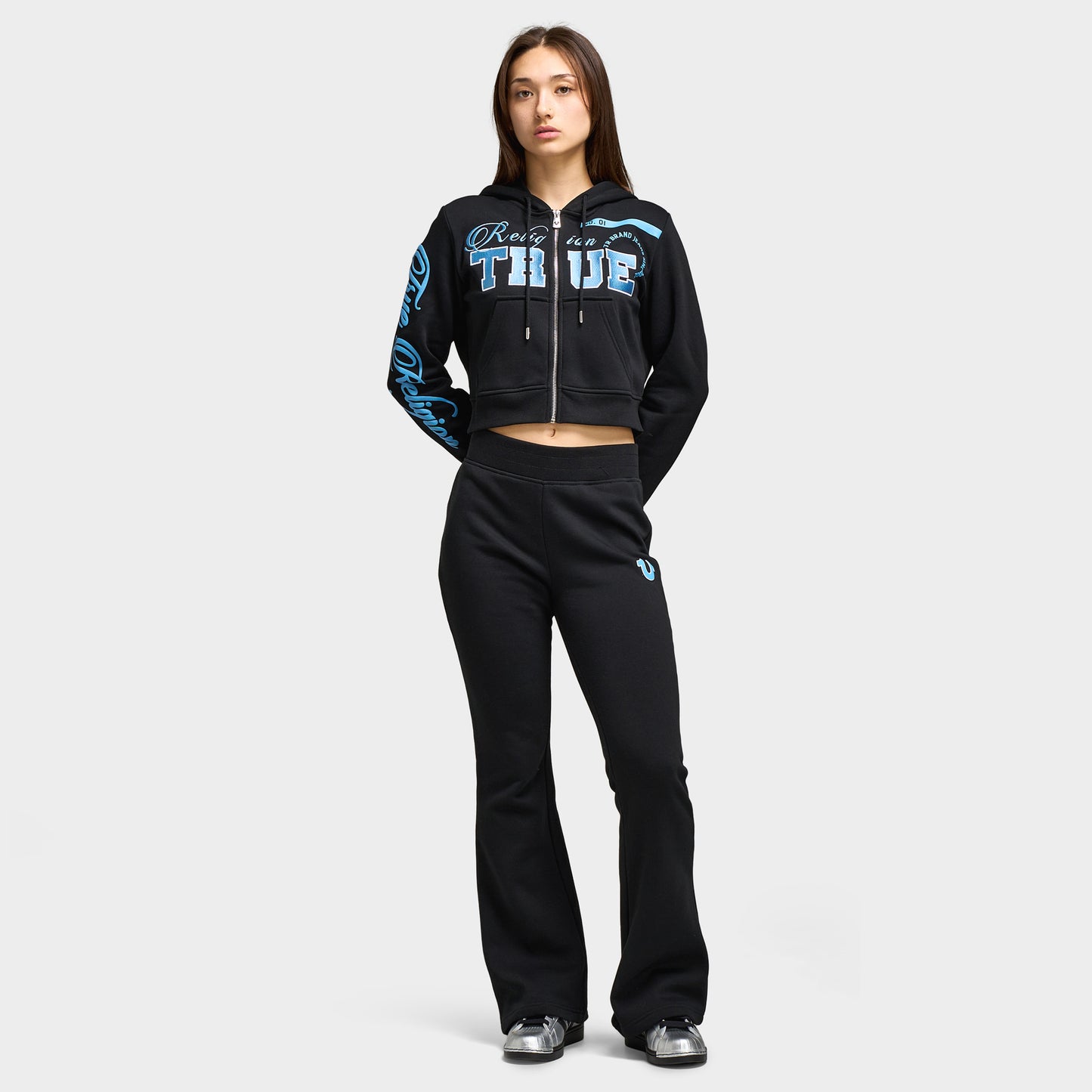 True Religion Femmes Chandail à Capuchon Zippé Court Brodé / Noir