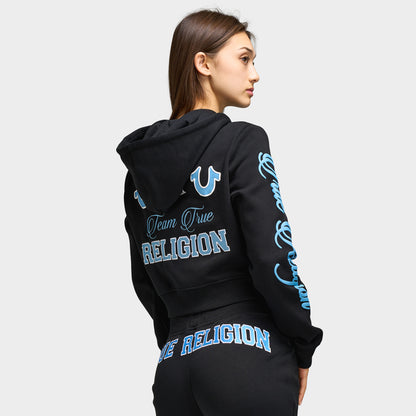 True Religion Femmes Chandail à Capuchon Zippé Court Brodé / Noir