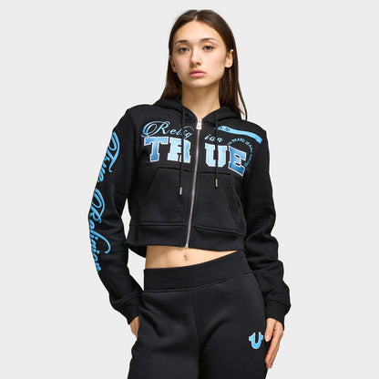 True Religion Femmes Chandail à Capuchon Zippé Court Brodé / Noir
