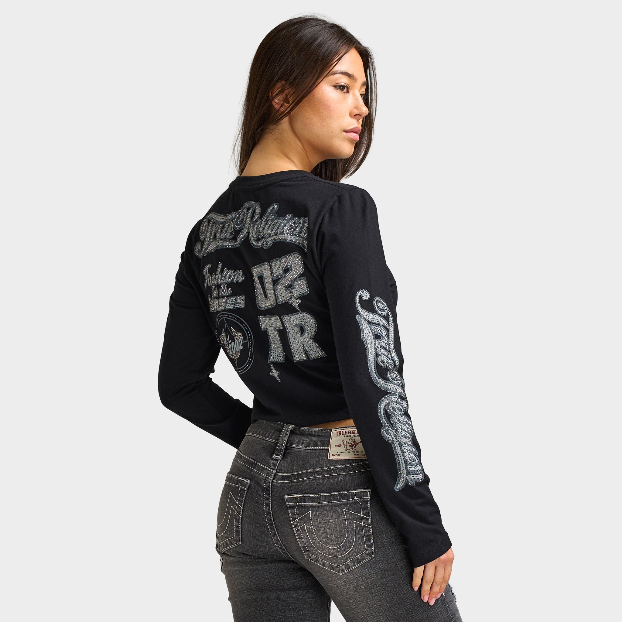 True Religion Women's Bedazzled Crystal Sporty Long Sleeve Baby
