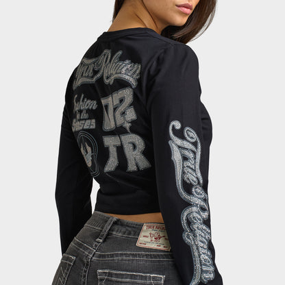 True Religion Femmes T-shirt à manches longues Orné de cristaux Style Sportif / Noir