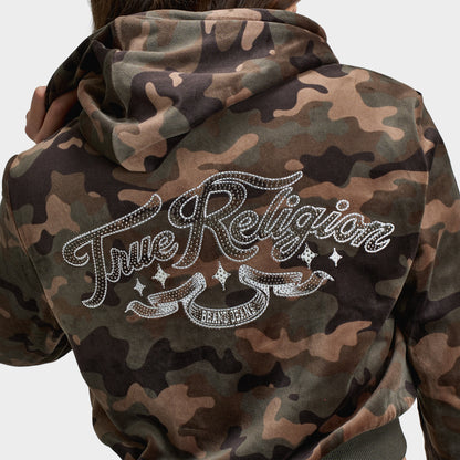 True Religion Women's Velour Shrunken Hoodie / Brown Camo