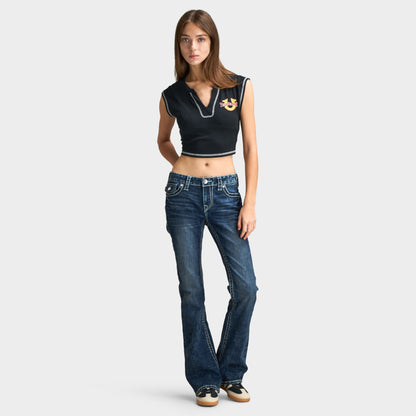True Religion Women's Crystal Cheetah Rib Notch Tee / Jet Black
