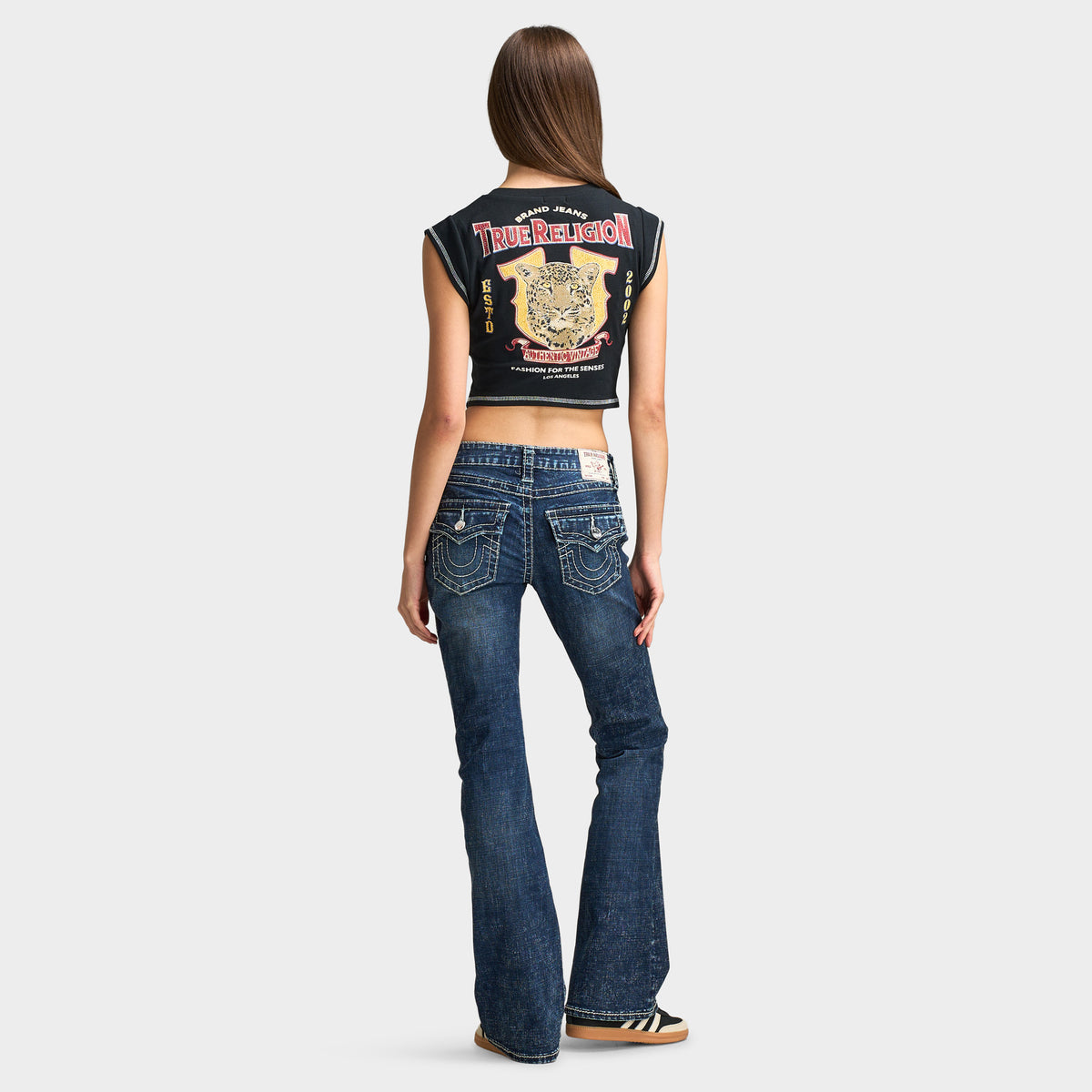 True Religion Women's Crystal Cheetah Rib Notch Tee / Jet Black