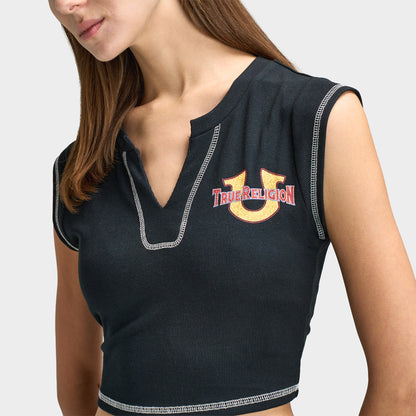 True Religion Women's Crystal Cheetah Rib Notch Tee / Jet Black
