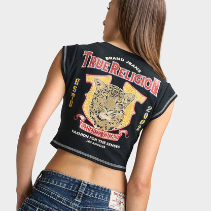True Religion Women's Crystal Cheetah Rib Notch Tee / Jet Black