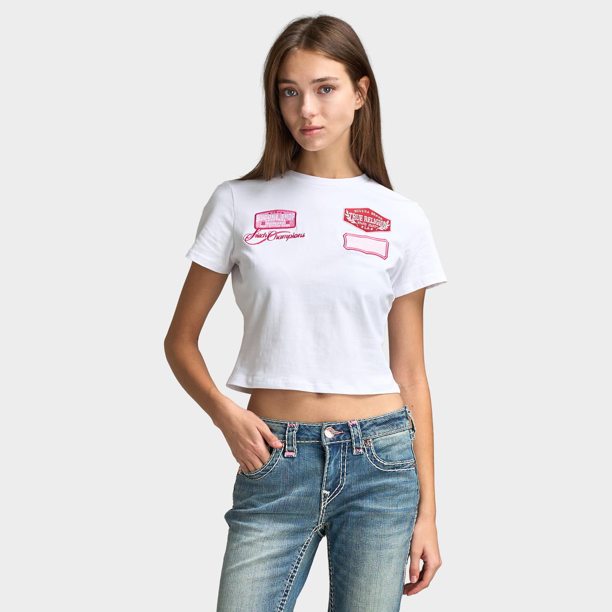 True Religion Women's Embroidery Patch Baby T-Shirt / Optic