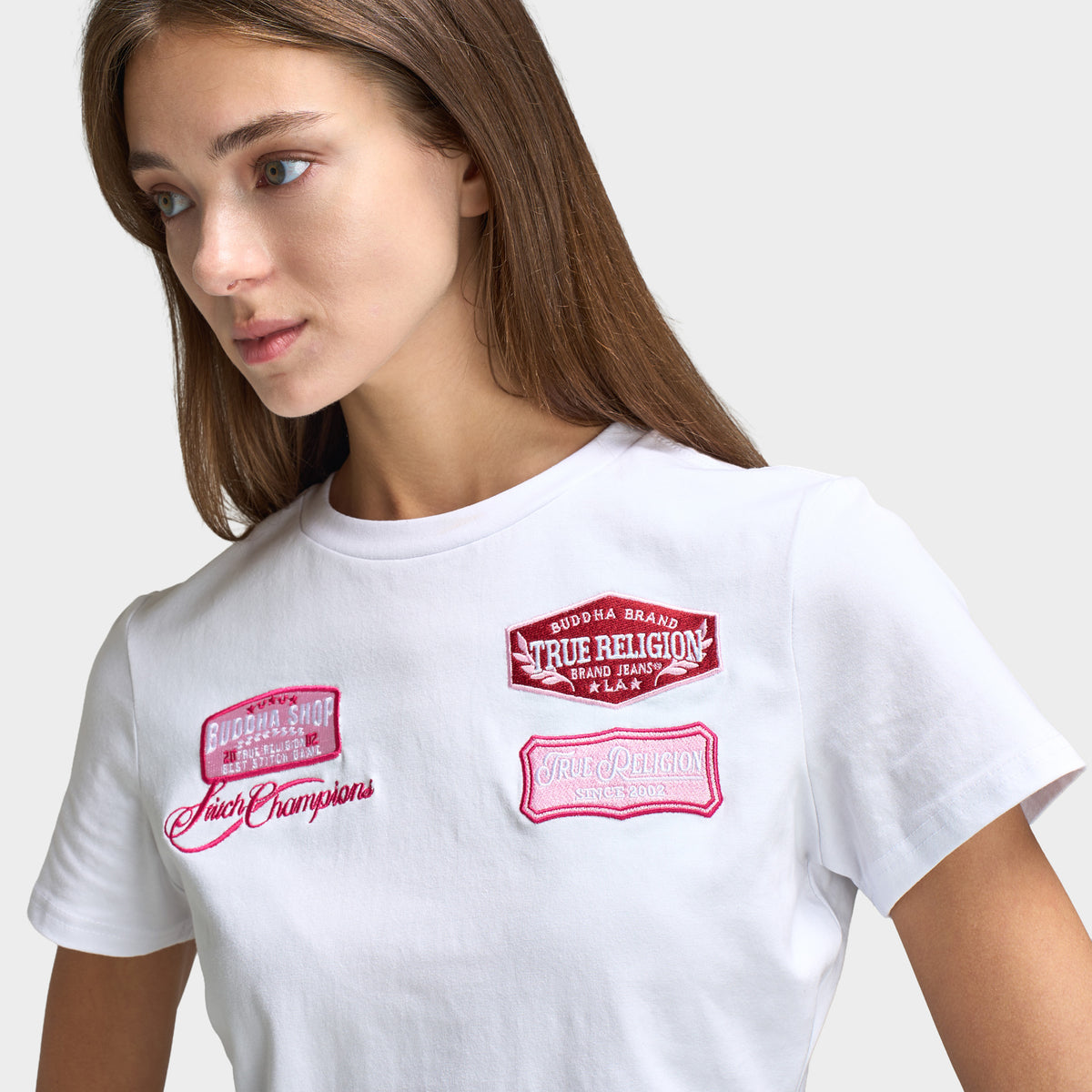 True Religion Women's Embroidery Patch Baby T-Shirt / Optic