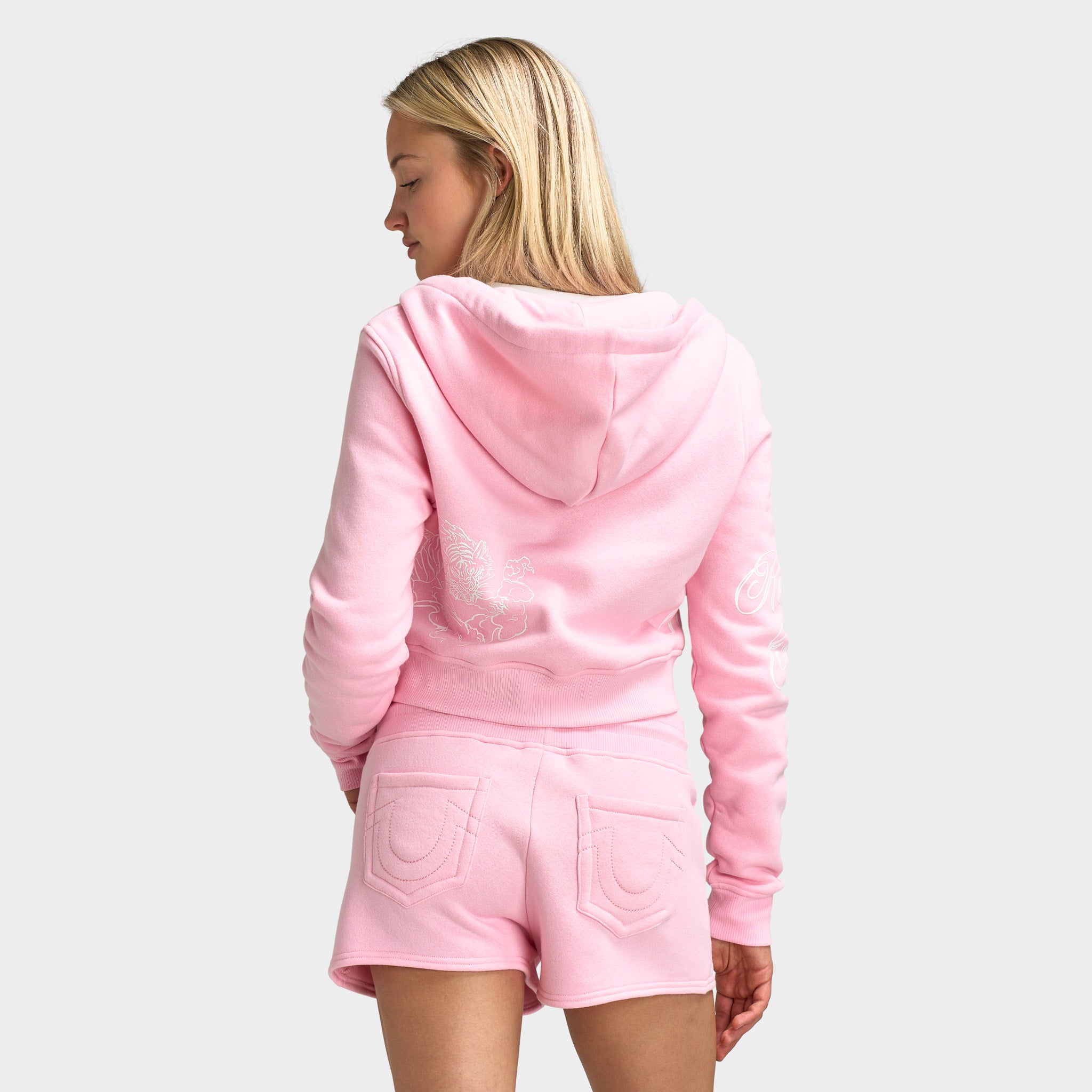 True Religion Embroidered Tiger Shrunken Zip Hoodie / Orchid Pink