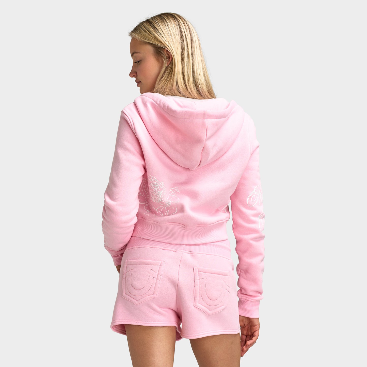 True Religion Embroidered Tiger Shrunken Zip Hoodie / Orchid Pink