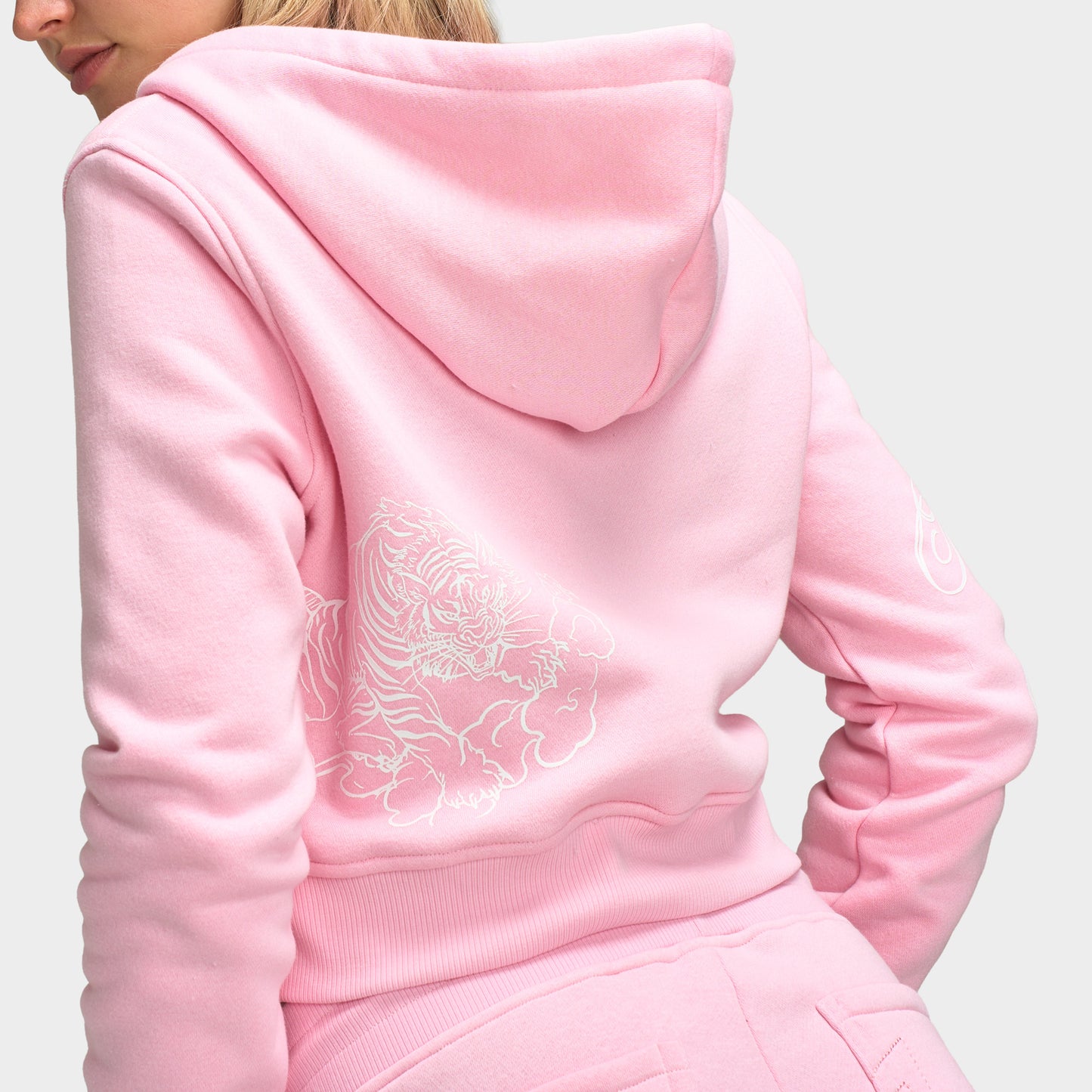 True Religion Embroidered Tiger Shrunken Zip Hoodie / Orchid Pink