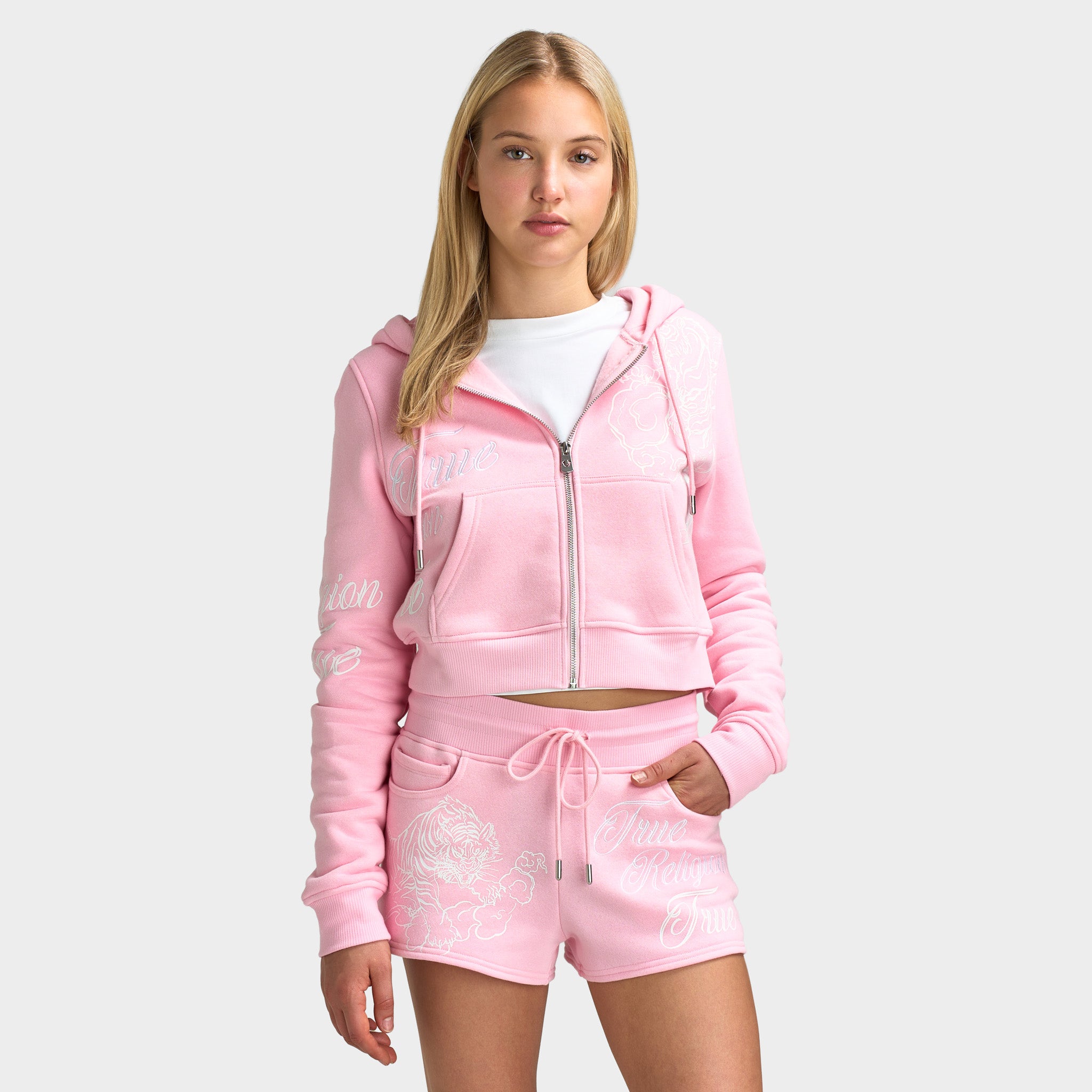 True Religion Embroidered Tiger Shrunken Zip Hoodie / Orchid Pink