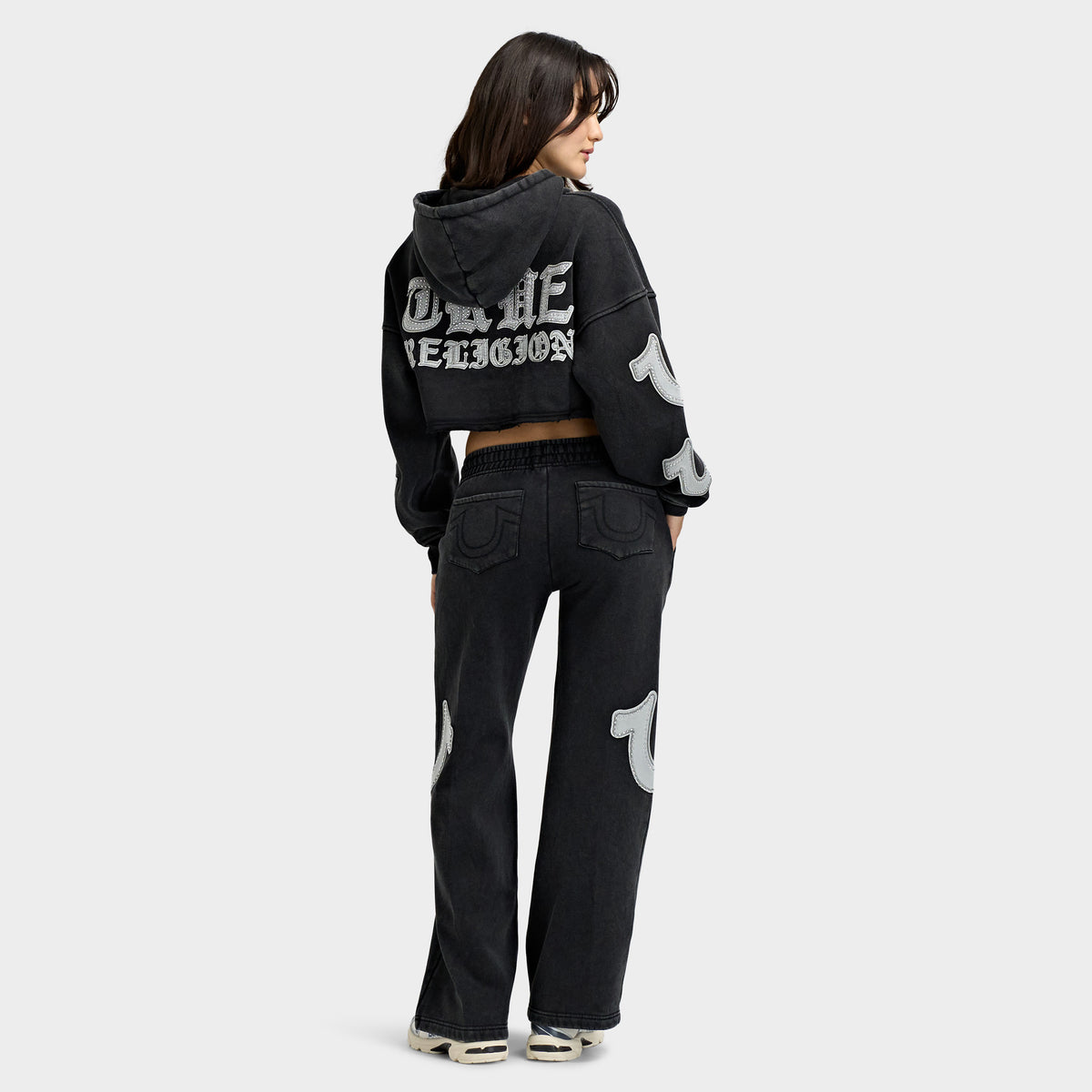 True Religion avec Application Ourlet Délavé Chandail à Capuchon Zippé / Jet Noir 