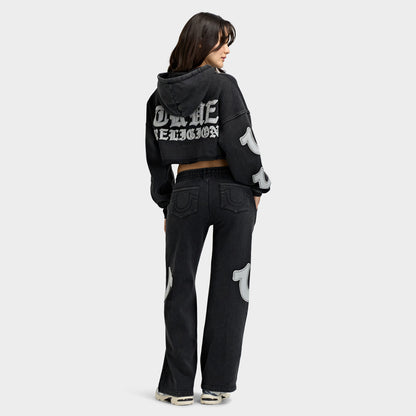 True Religion avec Application Ourlet Délavé Chandail à Capuchon Zippé / Jet Noir 