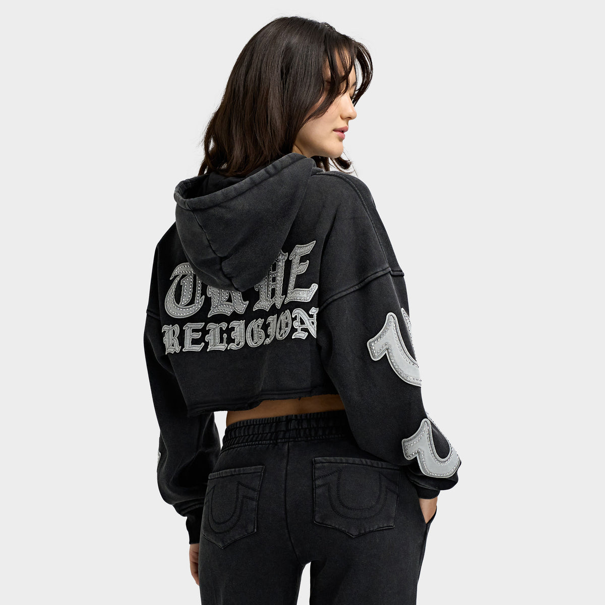 True Religion avec Application Ourlet Délavé Chandail à Capuchon Zippé / Jet Noir 