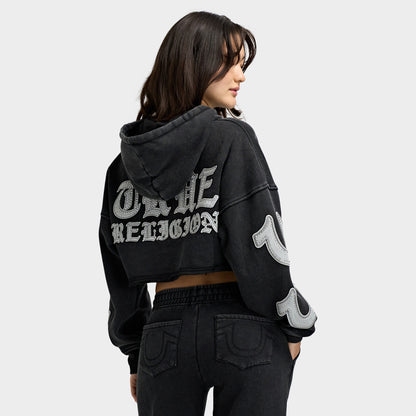 True Religion avec Application Ourlet Délavé Chandail à Capuchon Zippé / Jet Noir 