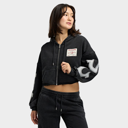 True Religion avec Application Ourlet Délavé Chandail à Capuchon Zippé / Jet Noir 