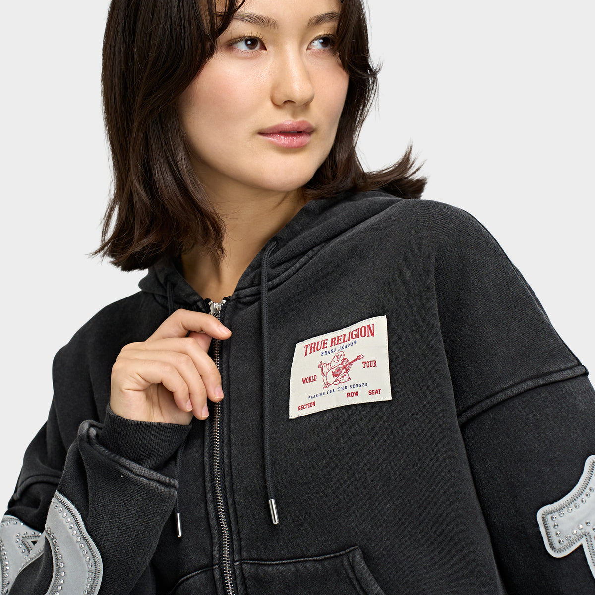 True Religion avec Application Ourlet Délavé Chandail à Capuchon Zippé / Jet Noir 