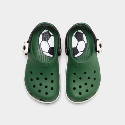 Crocs Kids' Classic Funlab Clog. Top view of turf green infant clogs showing ventilation holes, soccer ball details and pivoting heel straps.