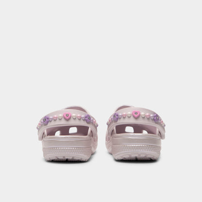 Crocs Kids' Classic Pearls and Heart Shine Clog. Rear view of grape ice infant clogs with lowered heel straps, rounded heels and matching soles.
