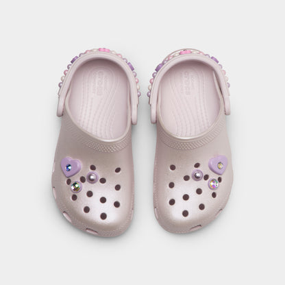 Crocs Kids' Classic Pearls and Heart Shine Clog. Top view of grape ice infant clogs showing ventilation holes, decorative charms and pivoting heel straps.