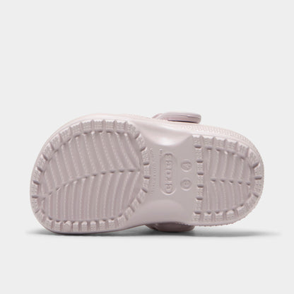 Crocs Infants' Classic Pearls and Heart Shine Clog. Bottom view of grape ice infant clog showing textured outsole with segmented tread pattern.