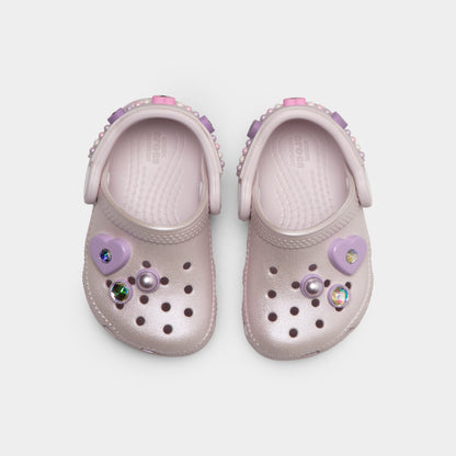 Crocs Infants' Classic Pearls and Heart Shine Clog. Top view of grape ice infant clogs showing ventilation holes, decorative charms and pivoting heel straps.