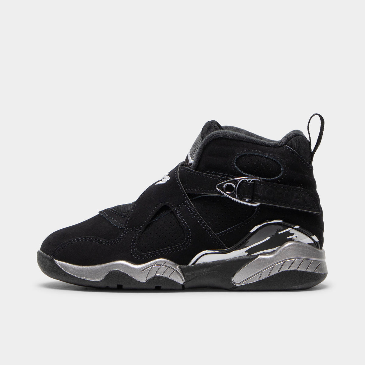 Jordan 8 Retro PS Black / White - Light Graphite. Side view of black sneakers with white and Light Graphite midsole details and Jordan branding