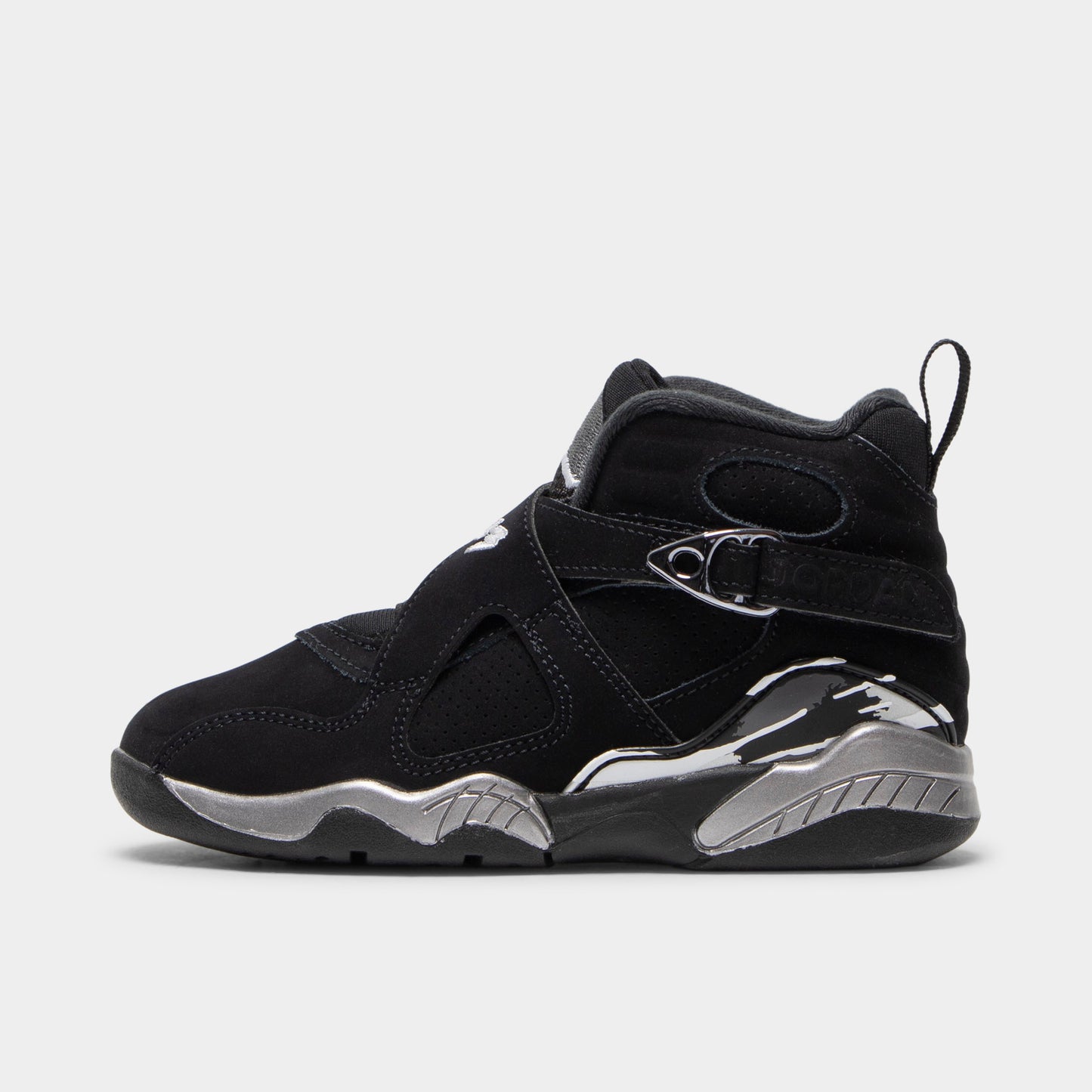Jordan 8 Retro PS Black / White - Light Graphite. Side view of black sneakers with white and Light Graphite midsole details and Jordan branding