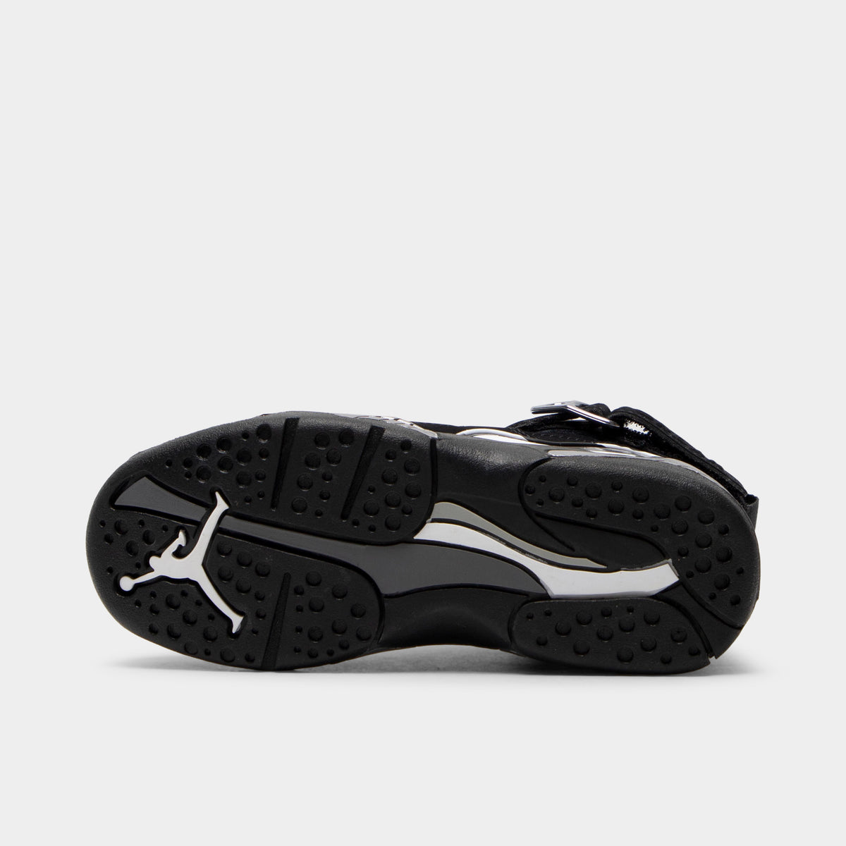 Jordan 8 Retro PS Black / White - Light Graphite. Bottom view of the black sneaker showing the rubber outsole and pivot-circle traction pattern