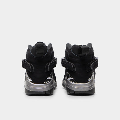 Jordan 8 Retro PS Black / White - Light Graphite. Rear view of the pair of black sneakers showing the heel pulls and Jordan branding