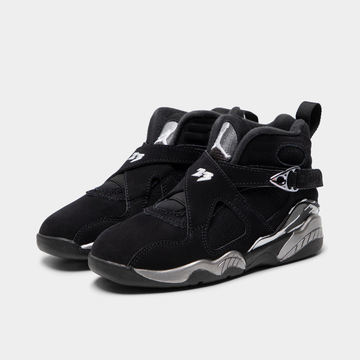 Jordan 8 Retro PS Black / White - Light Graphite. Three-quarter view of black sneakers showing layered panels, ankle strap and Jordan branding