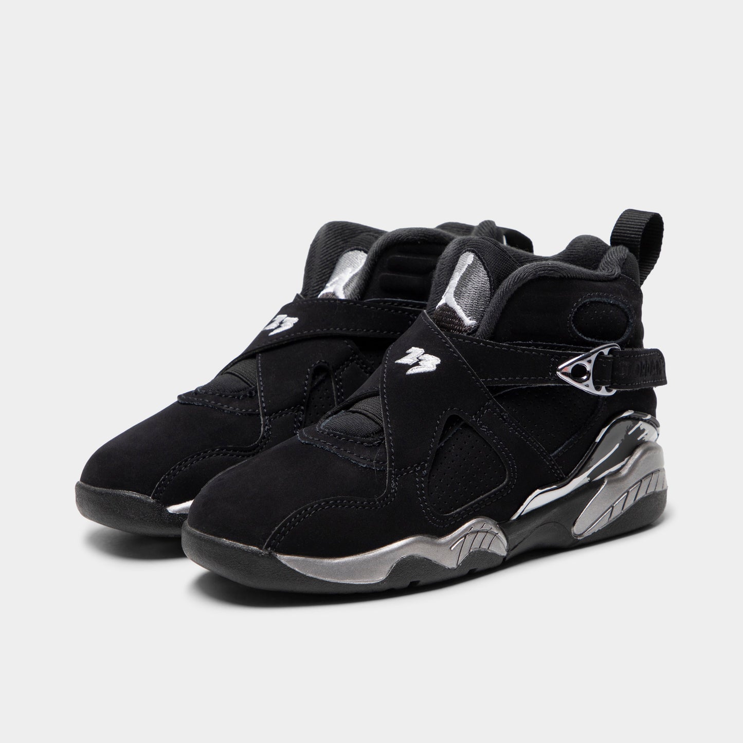 Jordan 8 Retro PS Black / White - Light Graphite. Three-quarter view of black sneakers showing layered panels, ankle strap and Jordan branding