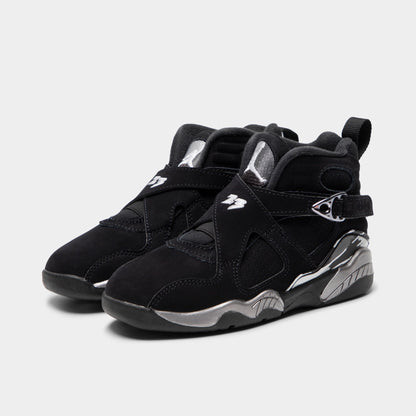 Jordan 8 Retro PS Black / White - Light Graphite. Three-quarter view of black sneakers showing layered panels, ankle strap and Jordan branding