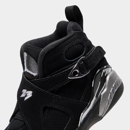 Jordan 8 Retro PS Black / White - Light Graphite. Close-up of the black sneaker collar and ankle strap with Jordan branding