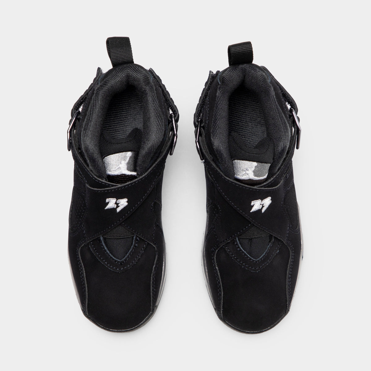 Jordan 8 Retro PS Black / White - Light Graphite. Top view of the pair of black sneakers showing the padded collars and ankle straps