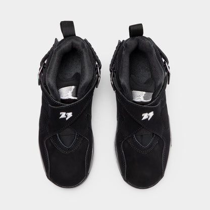 Jordan 8 Retro PS Black / White - Light Graphite. Top view of the pair of black sneakers showing the padded collars and ankle straps