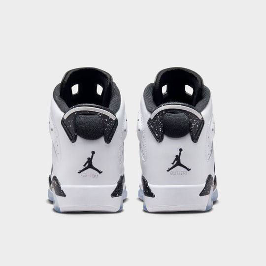 Jordan 6 Retro GS. Rear view of the pair in white, chrome and black showing the heel tabs and back branding details.