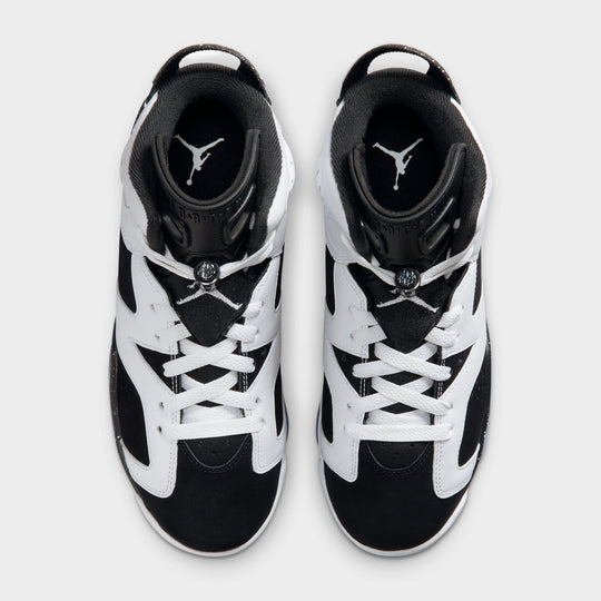 Jordan 6 Retro GS. Top view of the pair showing the lace system, tongue shape and black inner lining.