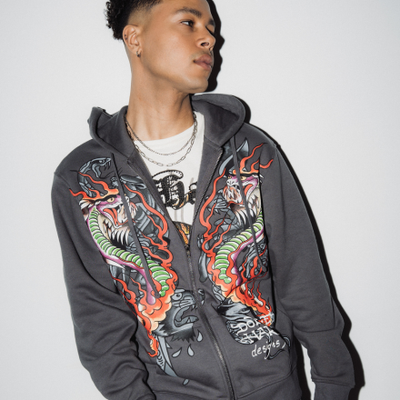Man wears Ed Hardy Dragon Flame Full Zip Hoodie "Charcoal" on sale right now. Shop Men's Apparel Sale now at JD Sports.