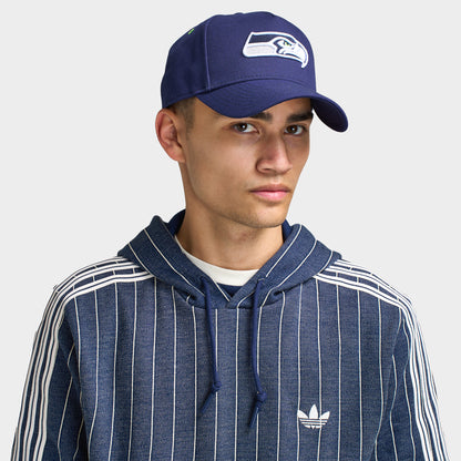 New Era Seattle Seahawks 9FORTY AF. Front view of model wearing navy cap with curved brim and white Seattle Seahawks logo.