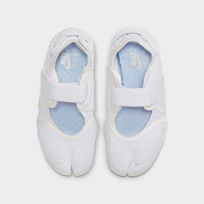 Nike Women's Air Rift Breathe. Top view of white split-toe sneakers showing mesh uppers, blue insoles and adjustable straps.