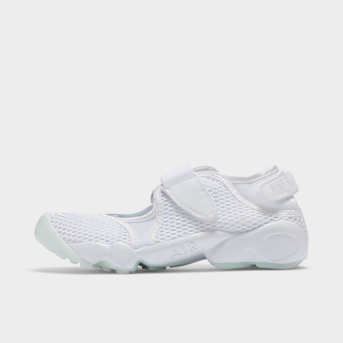 Nike Women's Air Rift Breathe. Side view of white split-toe sneaker with mesh upper, adjustable straps and sculpted sole.