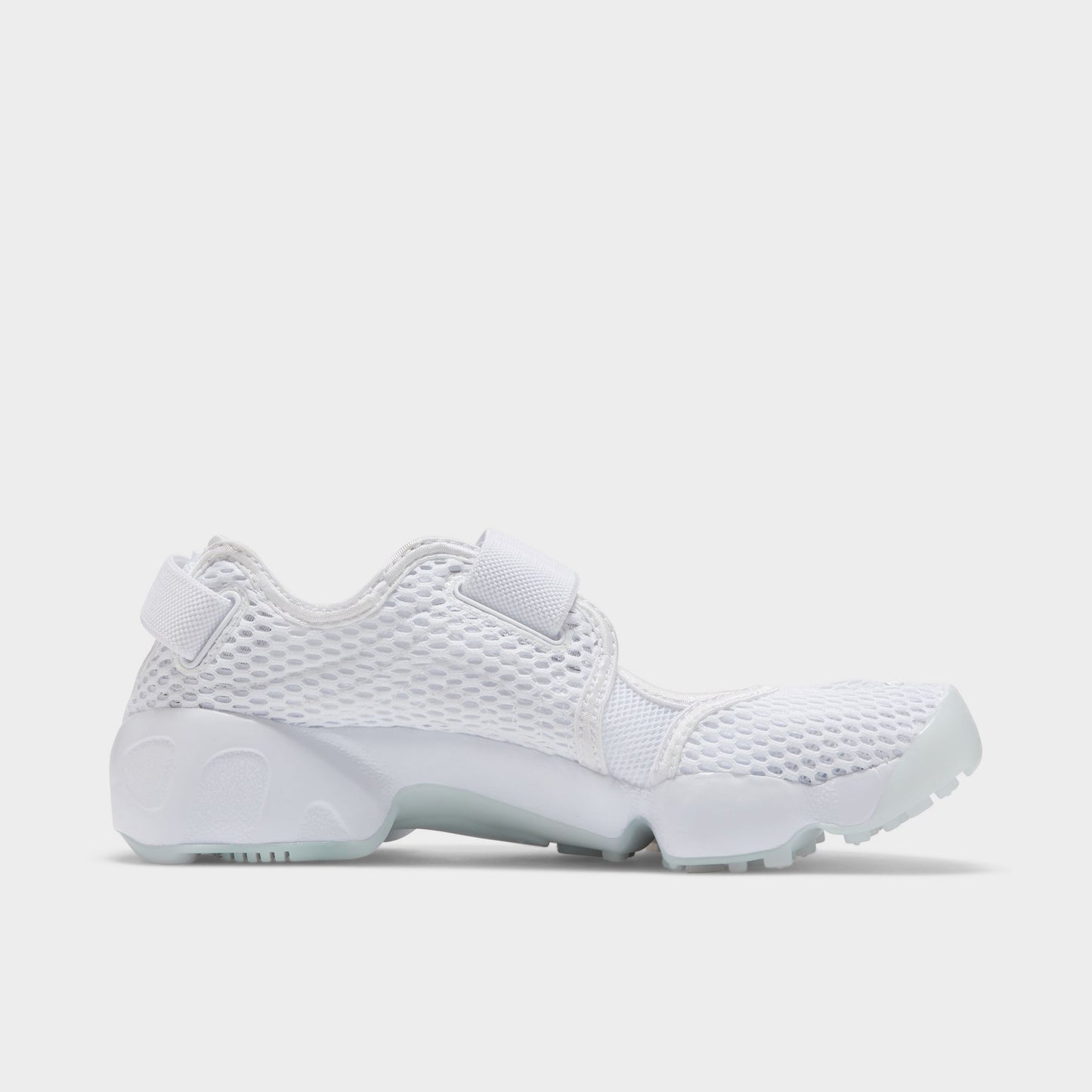 Nike Women's Air Rift Breathe. Opposite side view of white split-toe sneaker with layered panels, adjustable heel strap and sculpted sole.