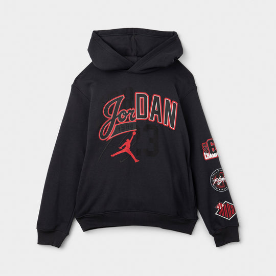 Jordan Juniors' Varsity Split Pullover Hoodie. Product-only front view of off noir hoodie with gym red Jordan script, Jumpman graphic and sleeve patches.