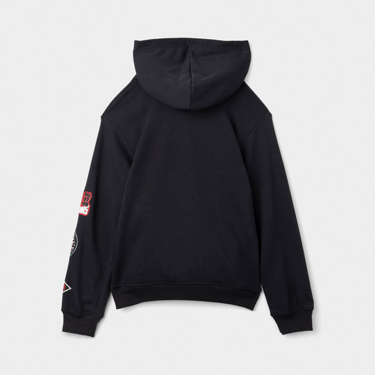 Jordan Juniors' Varsity Split Pullover Hoodie. Product-only back view of off noir hoodie showing the hood, long sleeves and relaxed silhouette.