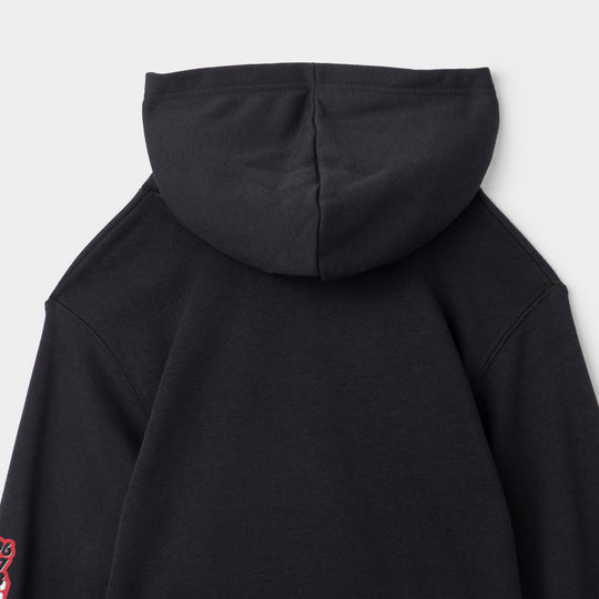 Jordan Juniors' Varsity Split Pullover Hoodie. Close-up of the back of the off noir hoodie showing the hood and shoulder construction.
